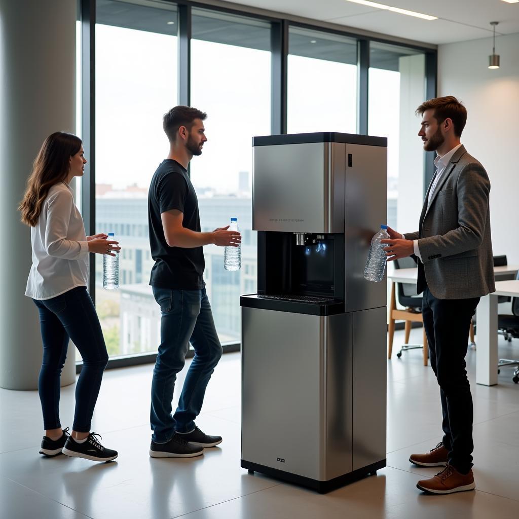 Free-standing water dispenser in a modern office setting