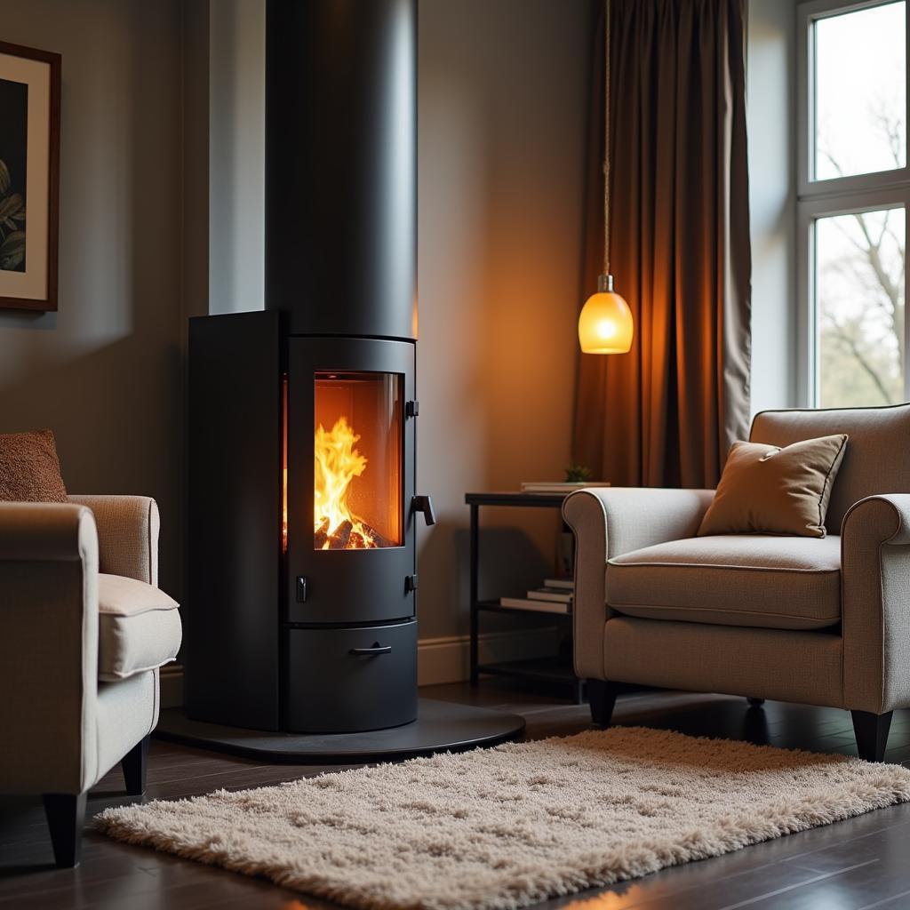 A modern free-standing wood fireplace in a cozy living room setting