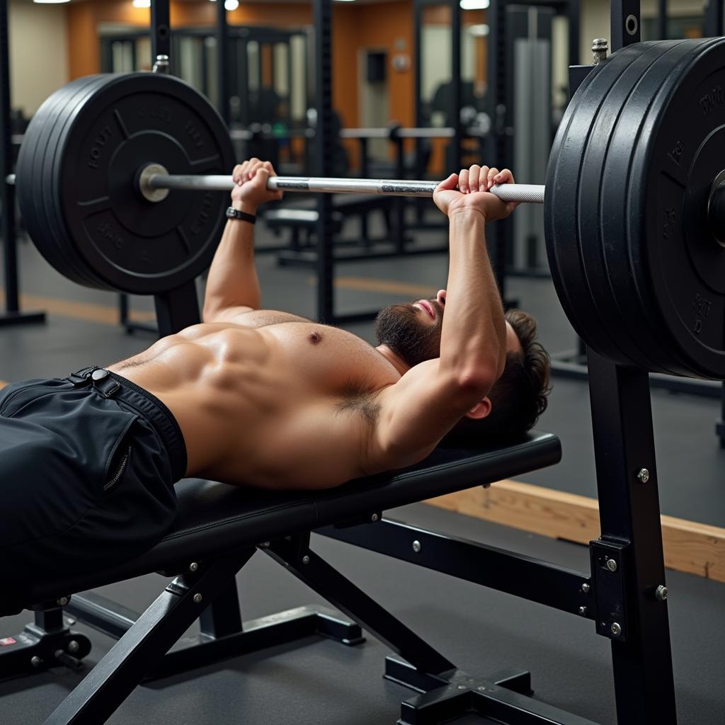 Man performing bench press with free weights