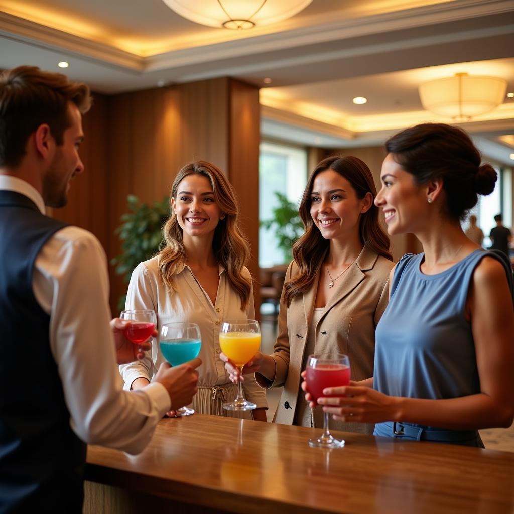 Guests enjoying free welcome drinks at a hotel