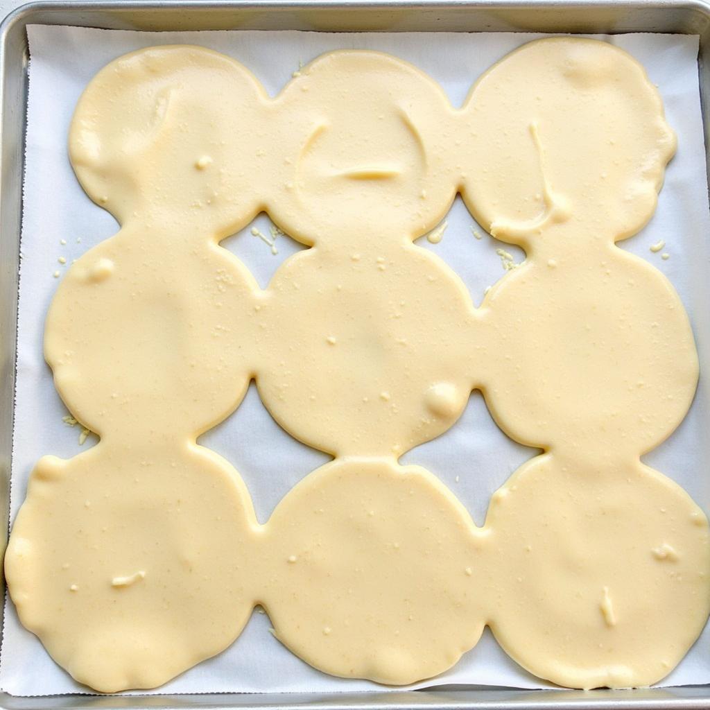 Dairy-free pancakes arranged on a baking sheet lined with parchment paper, ready to be frozen.