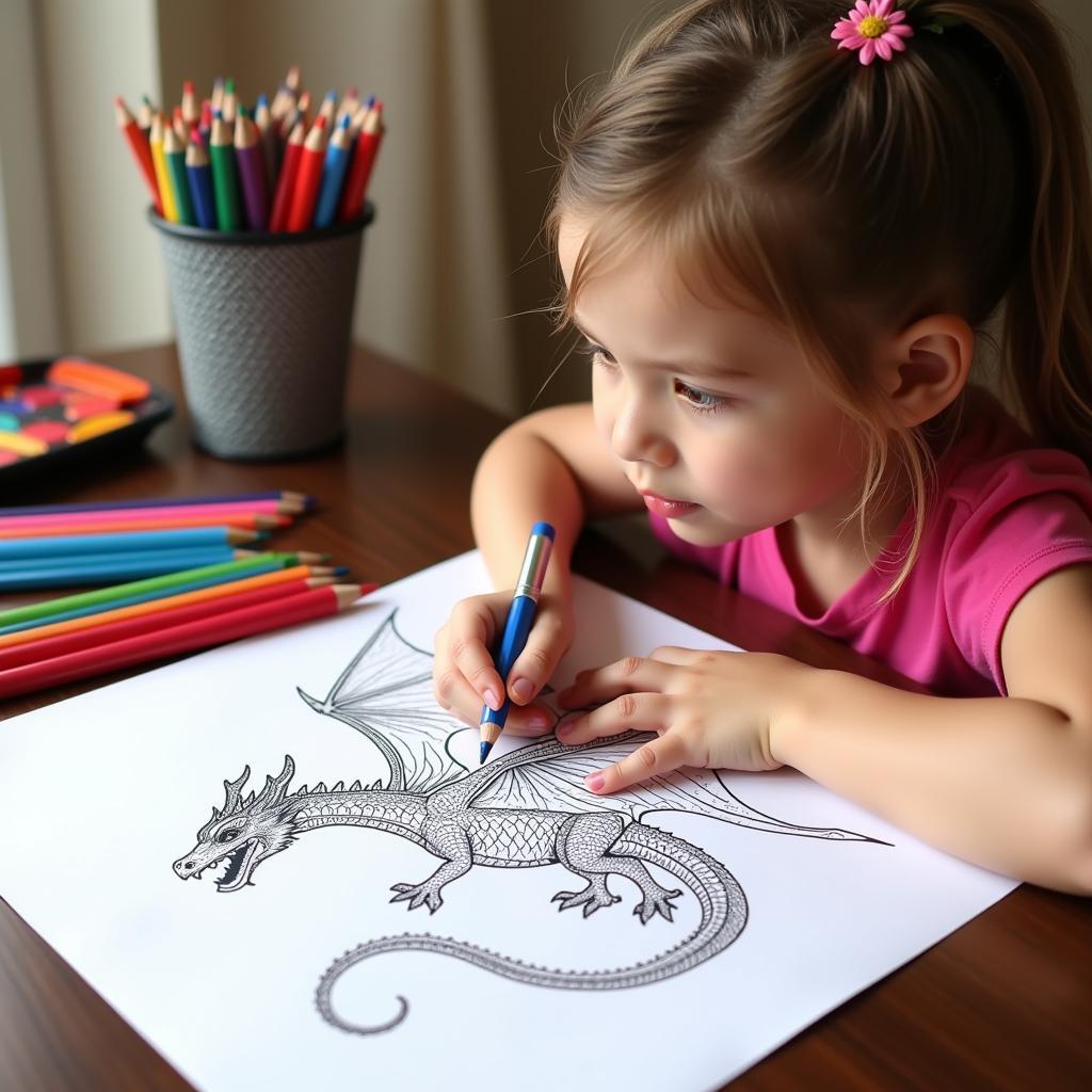 Girl Coloring a Fantasy Dragon Coloring Page