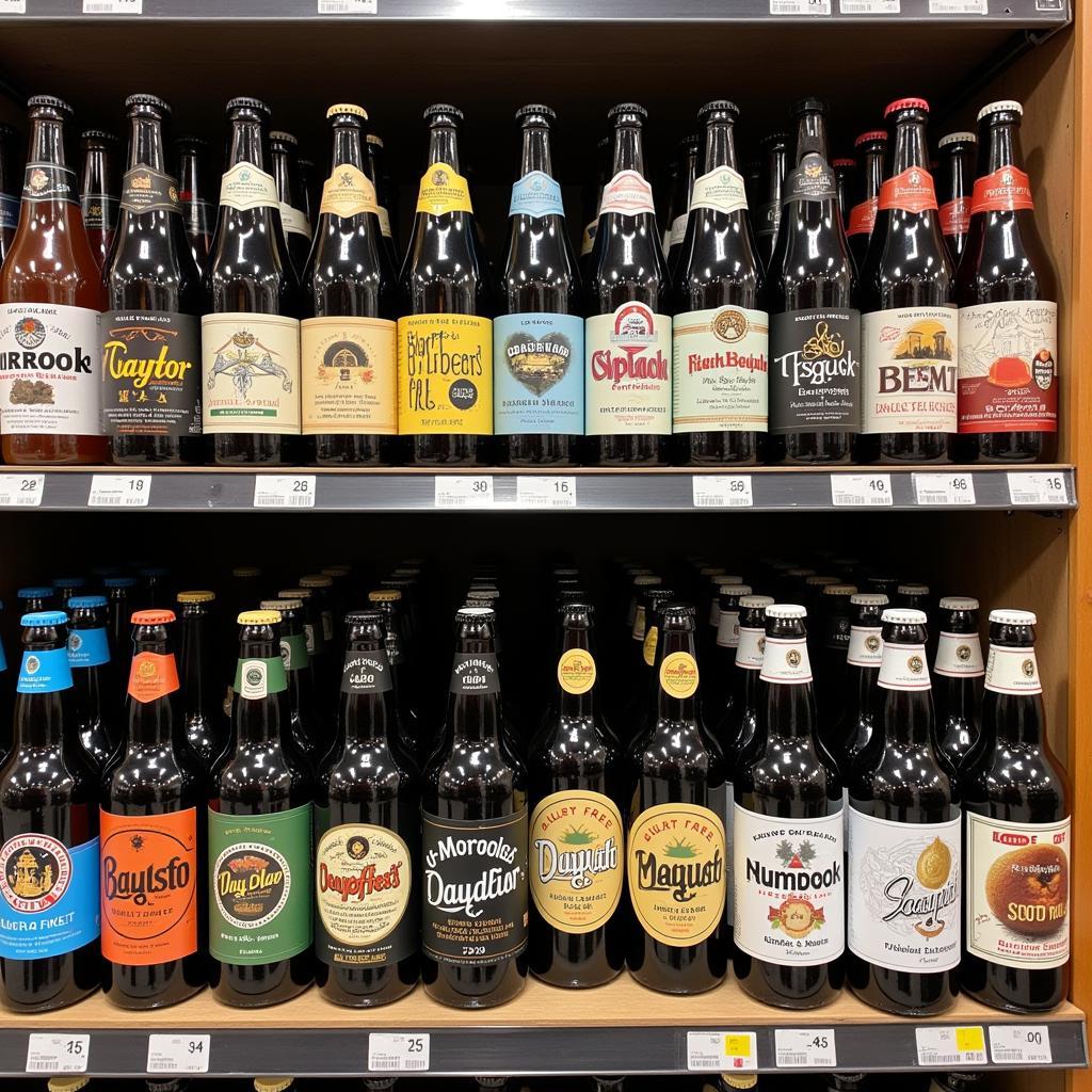 A variety of gluten-free beers displayed on a shelf.