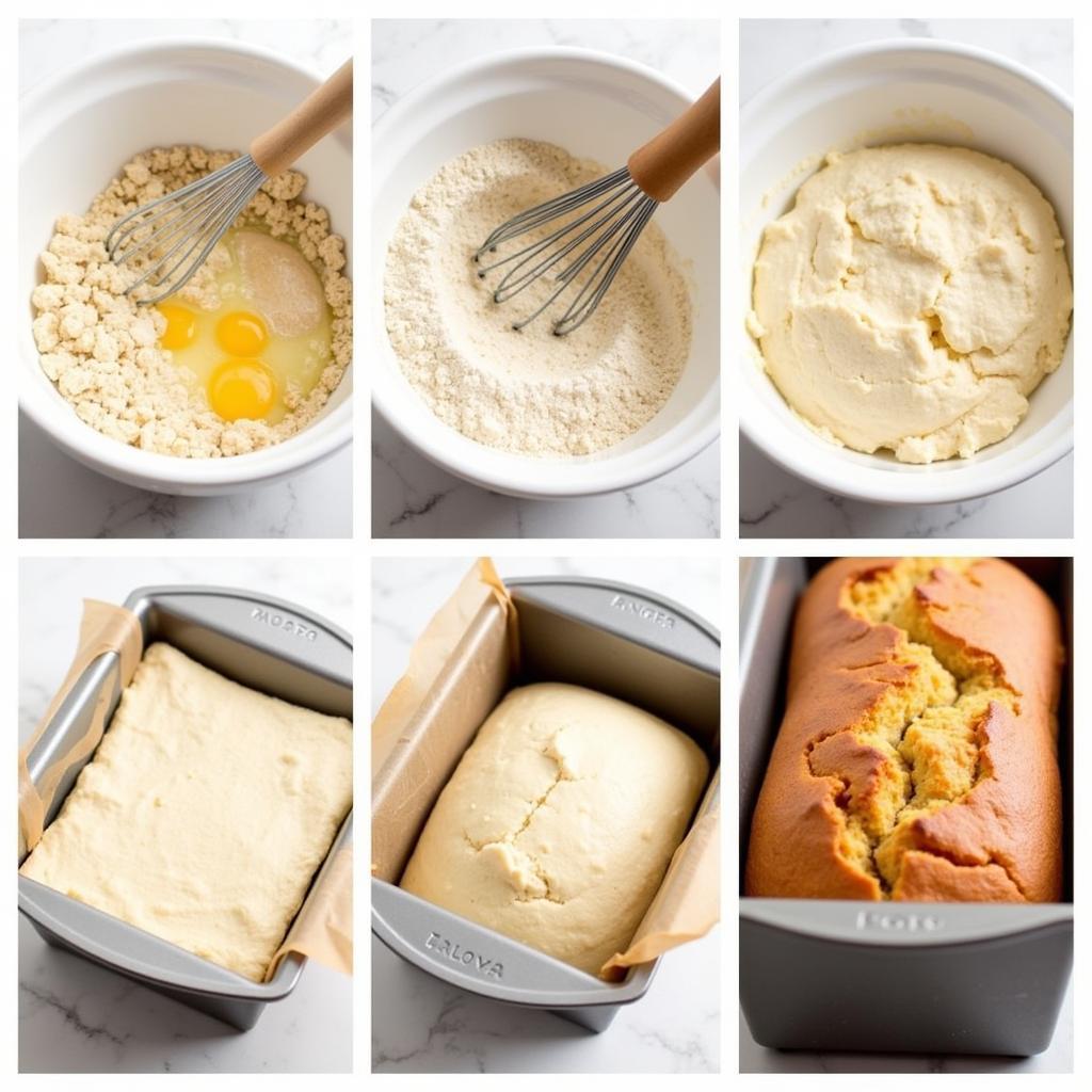 Step-by-step process of baking gluten-free bread using a mix, showing the mixing, kneading, proofing, and baking stages.