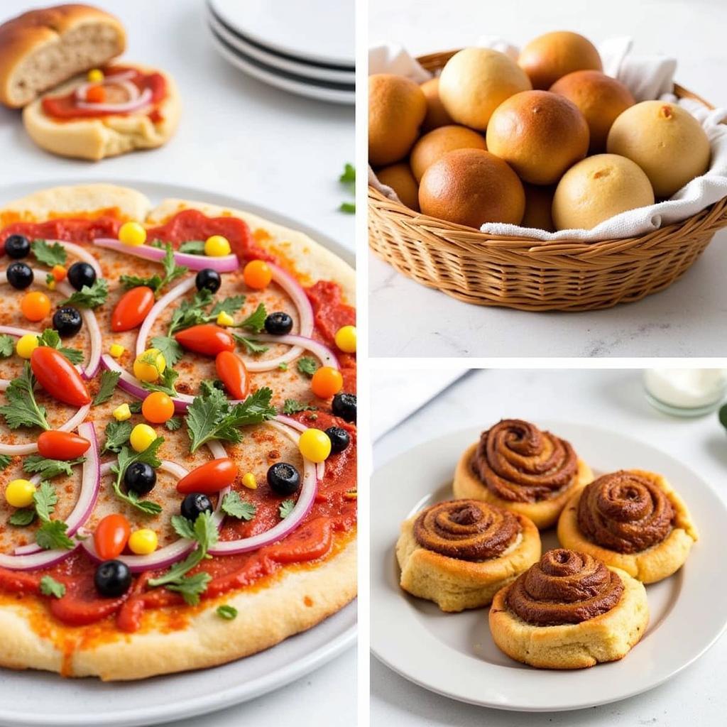 Different variations of gluten-free baked goods made from bread mixes, including pizza crust, dinner rolls, and cinnamon buns.