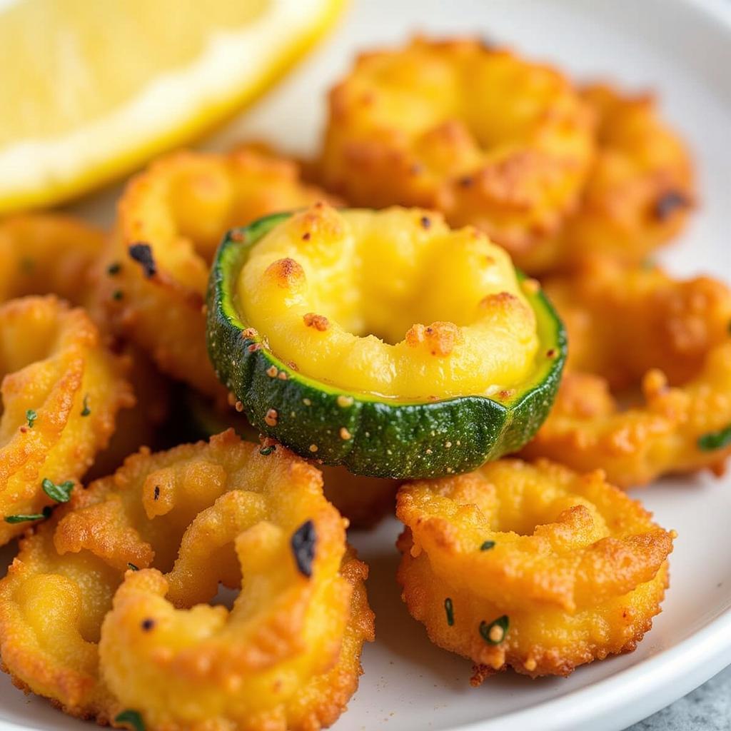 Crispy gluten-free fried zucchini flowers served with a lemon wedge.