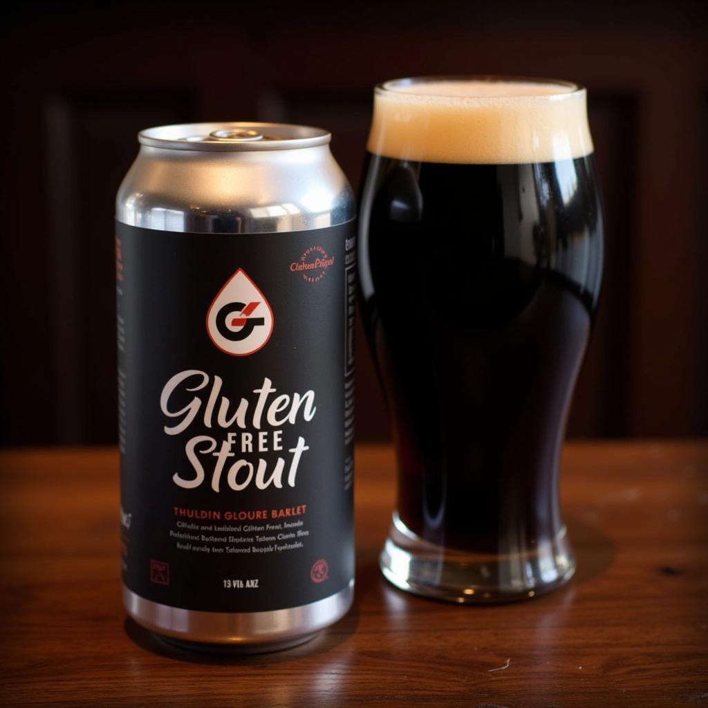 A can of gluten-free stout beer next to a glass of the same beer.