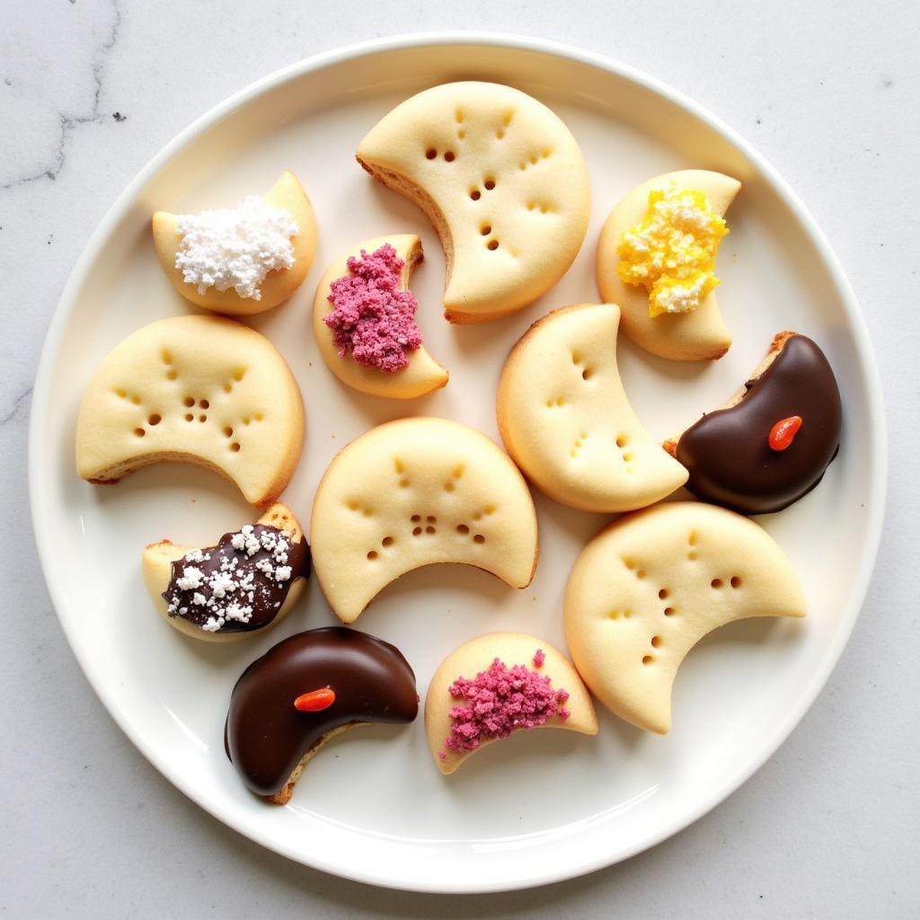 Different variations of gluten free half moon cookies, including chocolate dipped and citrus zest versions.