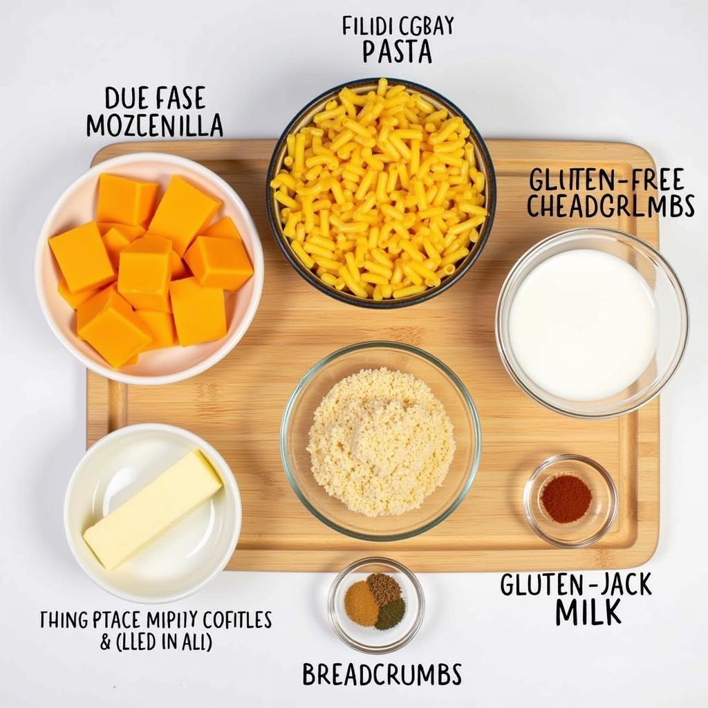 Ingredients for making gluten-free mac and cheese bites, including gluten-free pasta, cheese, and breadcrumbs.