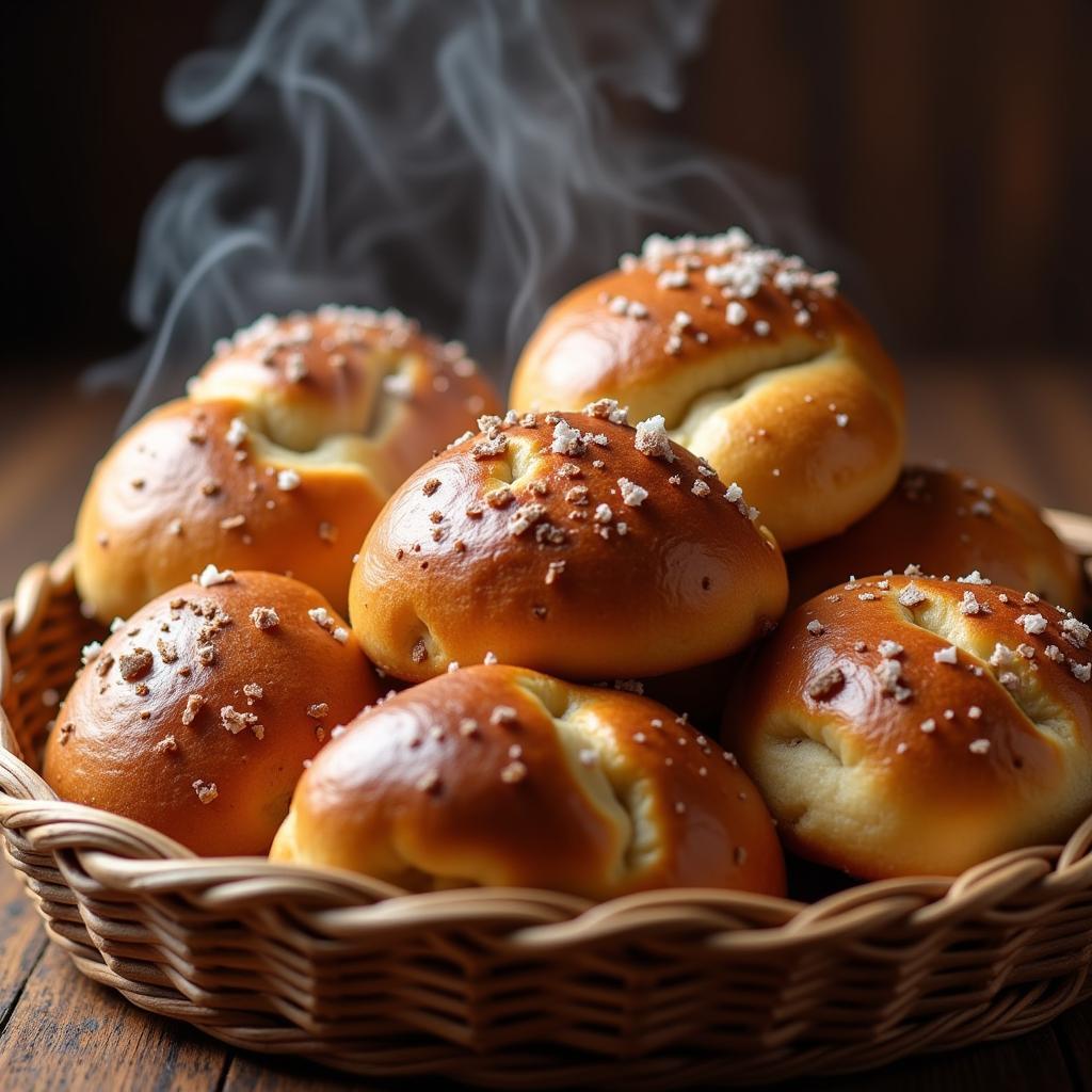 Freshly baked gluten free pretzel rolls, golden brown and ready to enjoy.