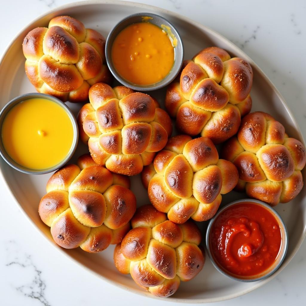 A selection of gluten free pretzel rolls served with various dipping sauces.