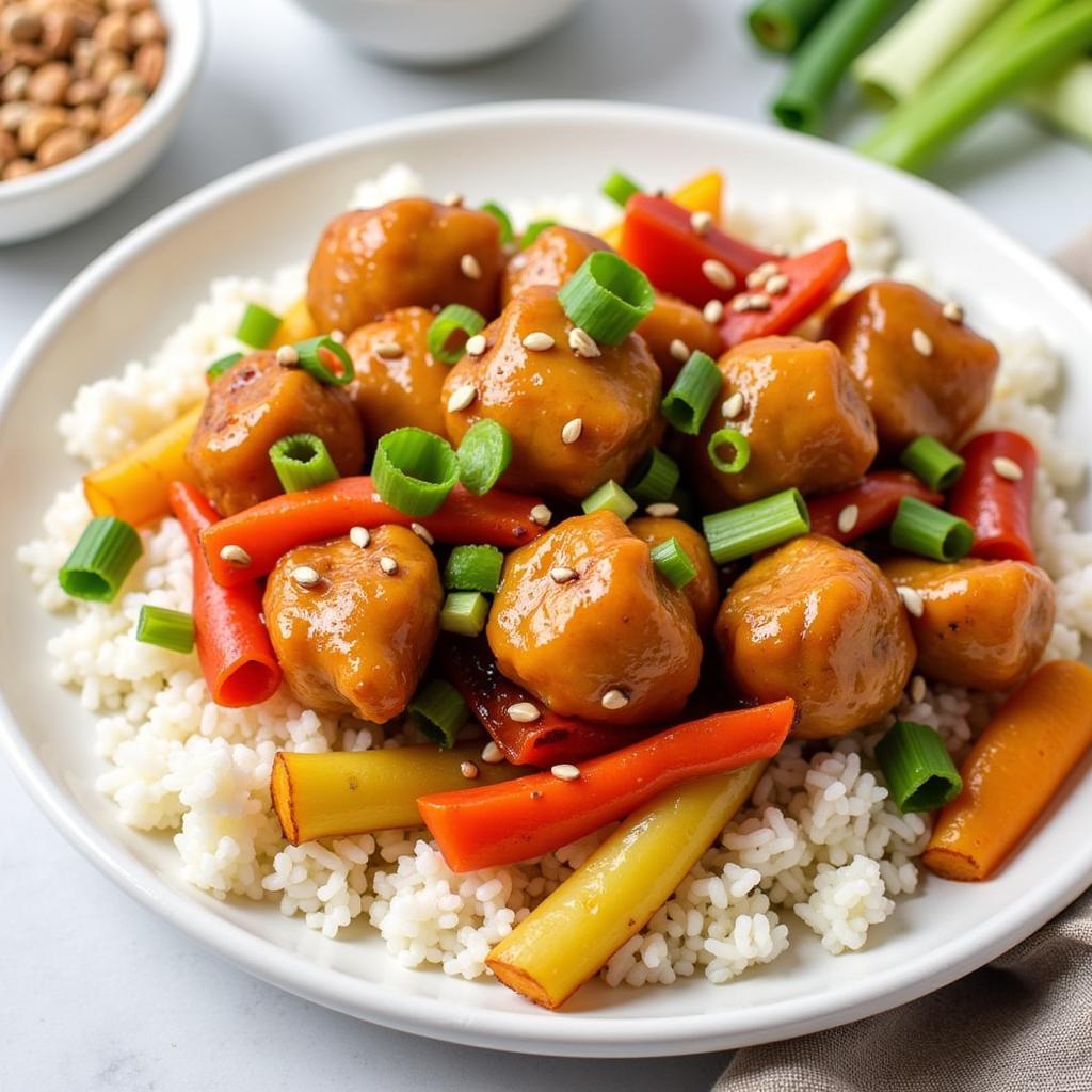 Plated Gluten-Free Sweet and Sour Chicken with Rice