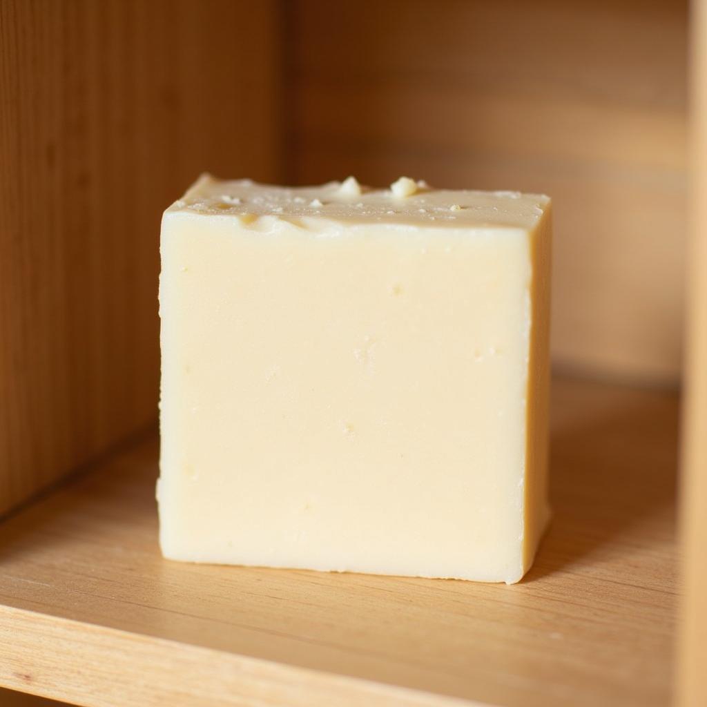 Glycerin-free soap bar on a wooden shelf.