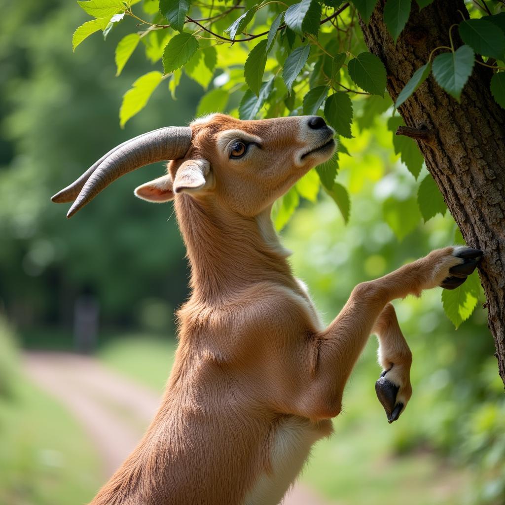 Goat Eating Leaves from a Tree