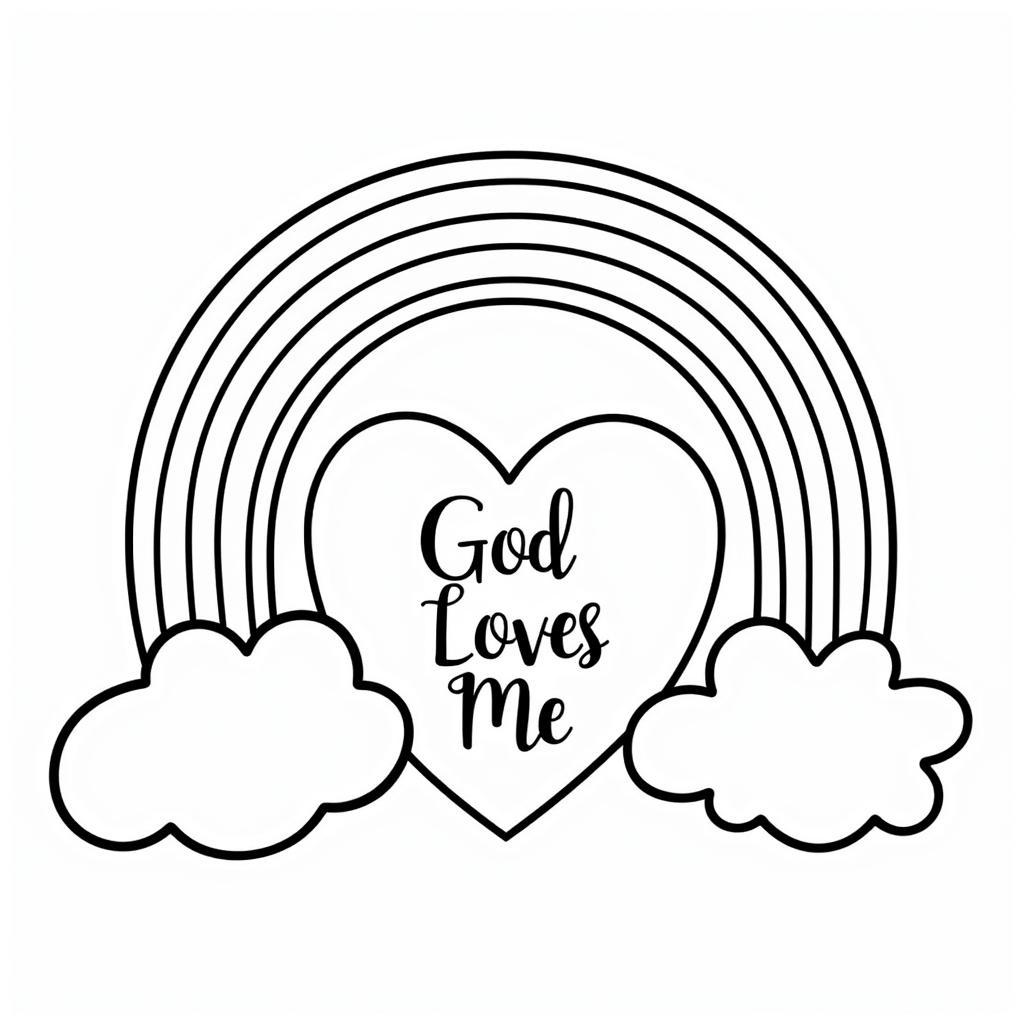 Rainbow and Heart God Loves Me Coloring Page