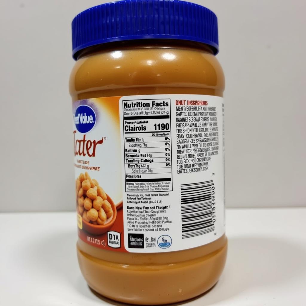 Close-up of a Great Value peanut butter jar label