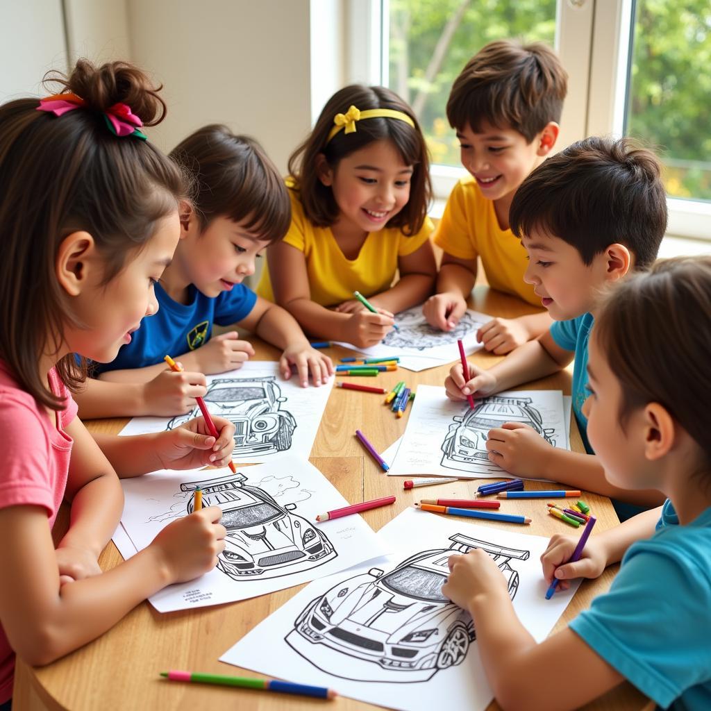 Group of Children Coloring Lamborghini Pages