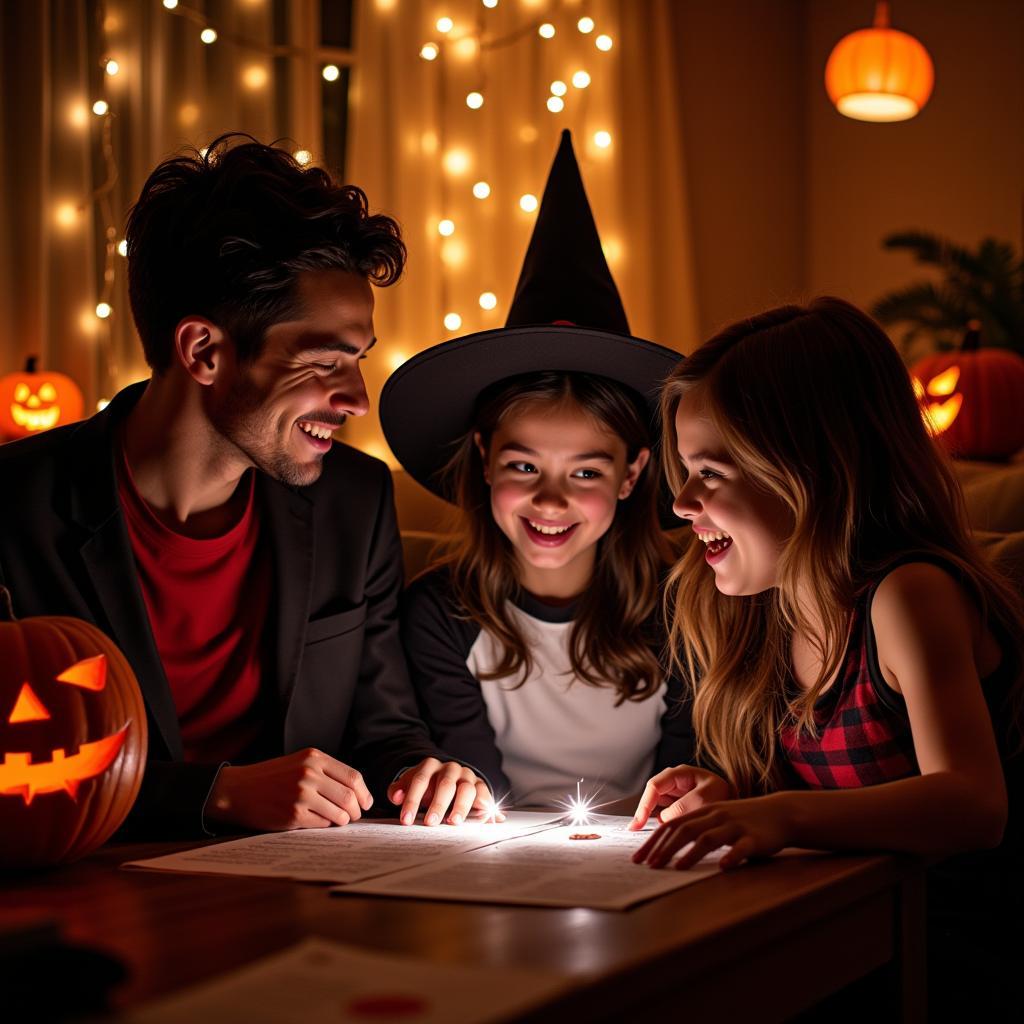 Family having fun with Halloween Mad Libs on Halloween night