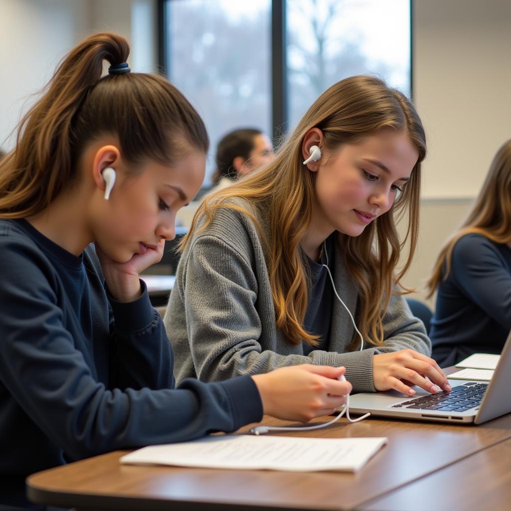 Students using HamiltonBuhl tangle-free earbuds in a classroom setting