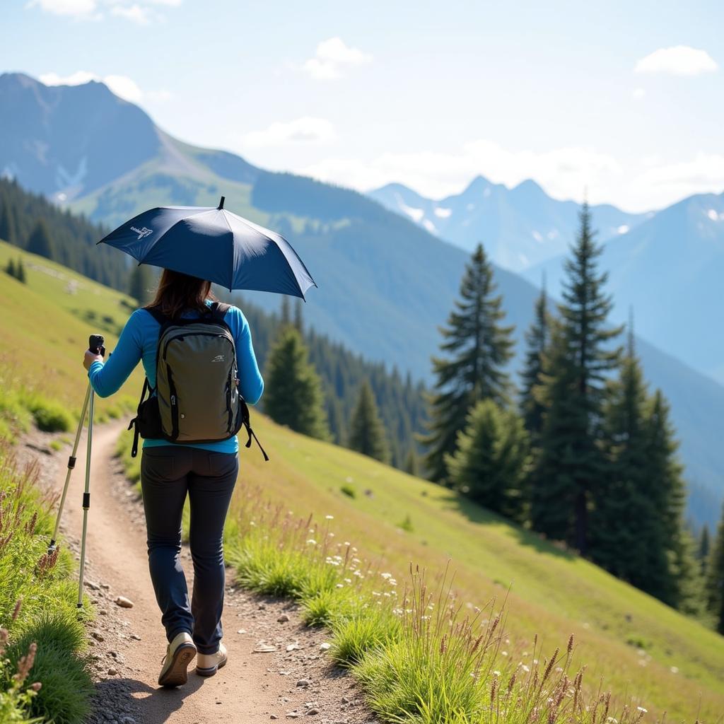 Hiker Using a Hands-Free Hiking Umbrella on a Mountain Trail