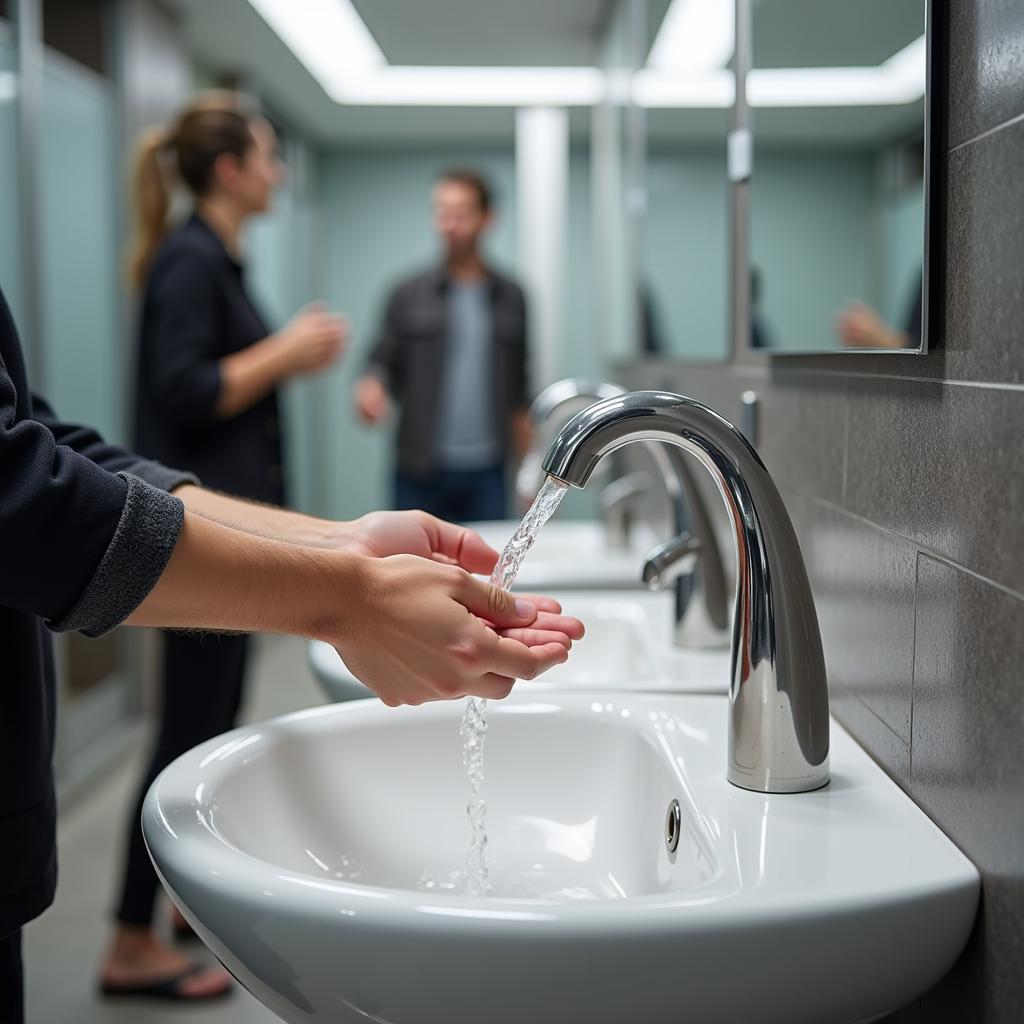 Hands-free sink promoting hygiene in a public restroom