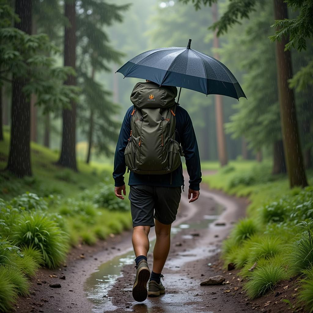 Hiker with a Hands-Free Backpack Umbrella