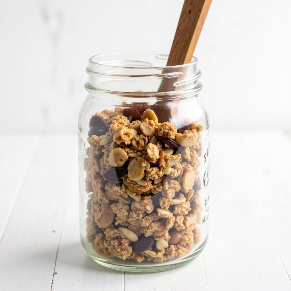 Homemade dairy-free and gluten-free granola in a glass jar.