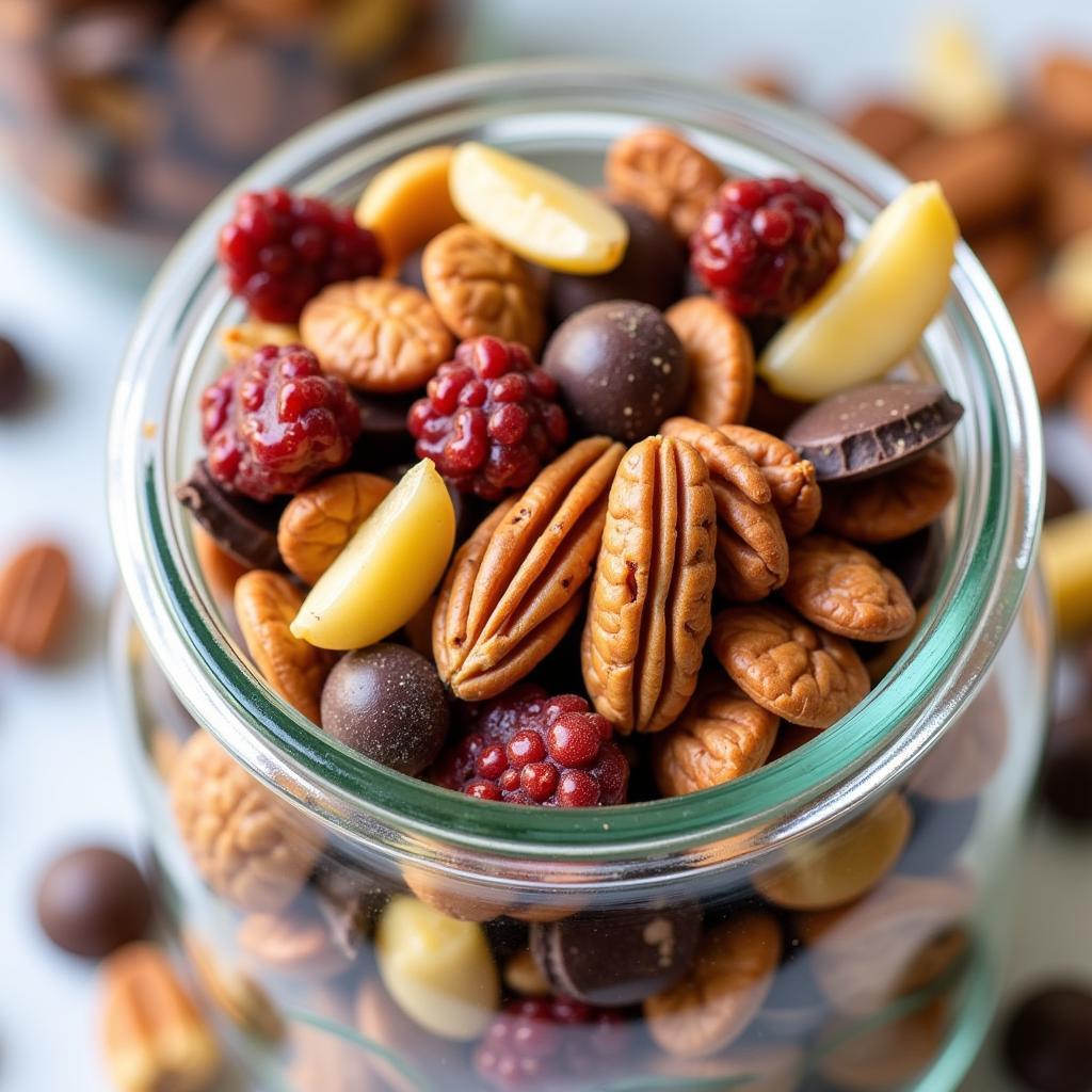 A jar filled with homemade dairy-free trail mix