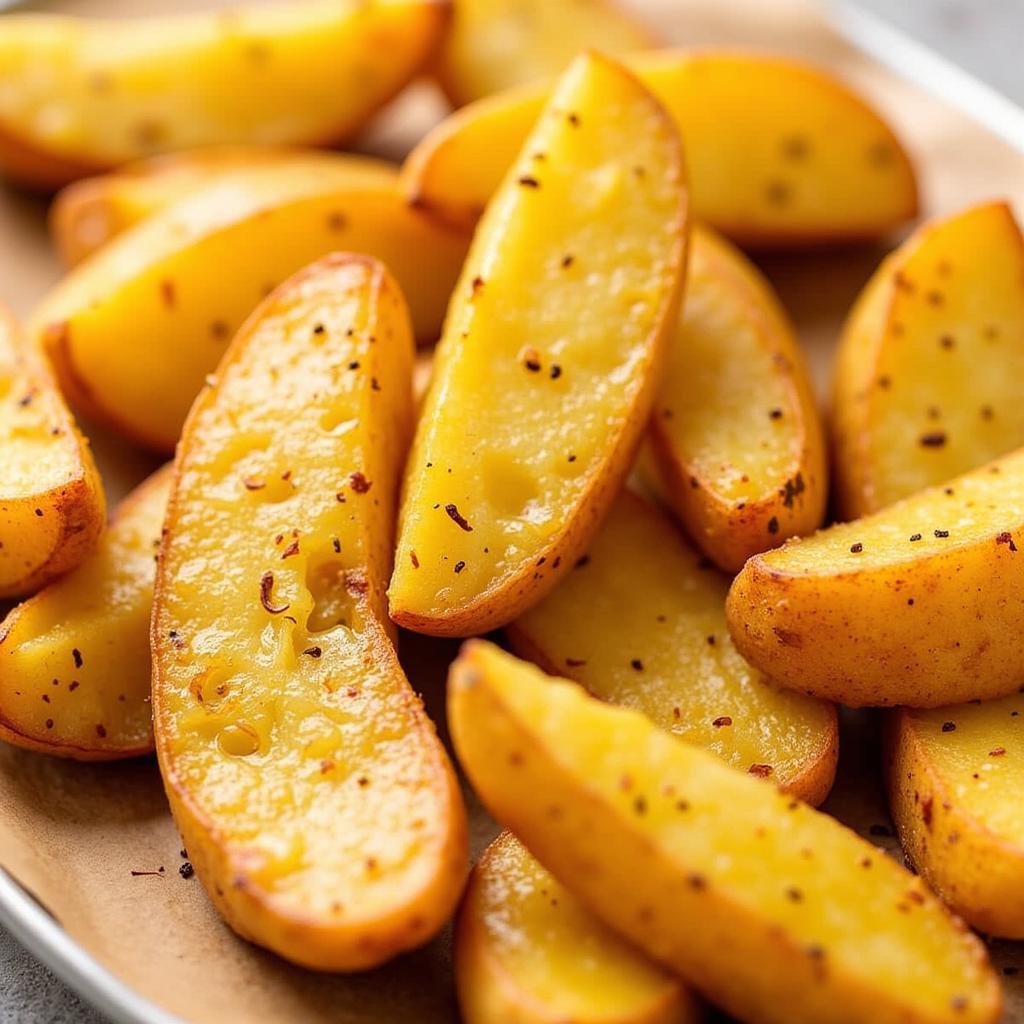 Homemade Gluten-Free Potato Wedges: Golden brown, crispy potato wedges seasoned with herbs and spices.