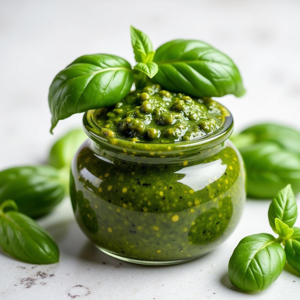 Homemade pesto in a glass jar with basil leaves