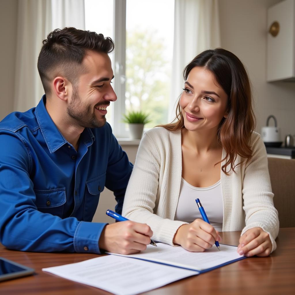 Homeowner Signing AC Repair Contract with Technician