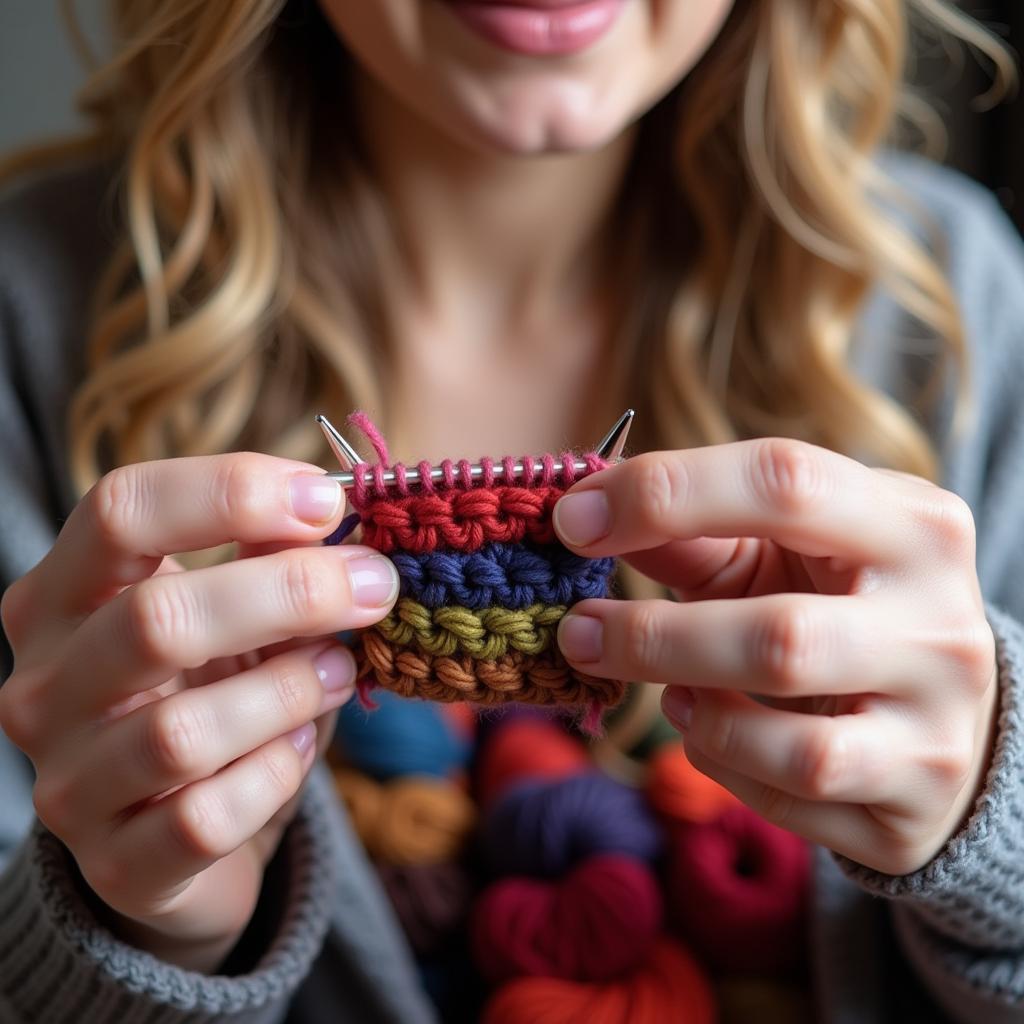 Knitter Creating a Small Project with Free Yarn Samples