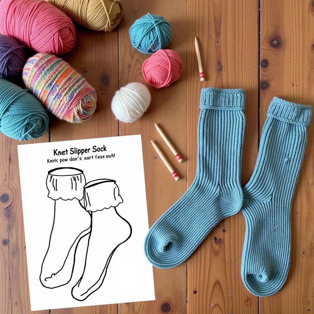 Knitting Slipper Socks with Yarn and Needles