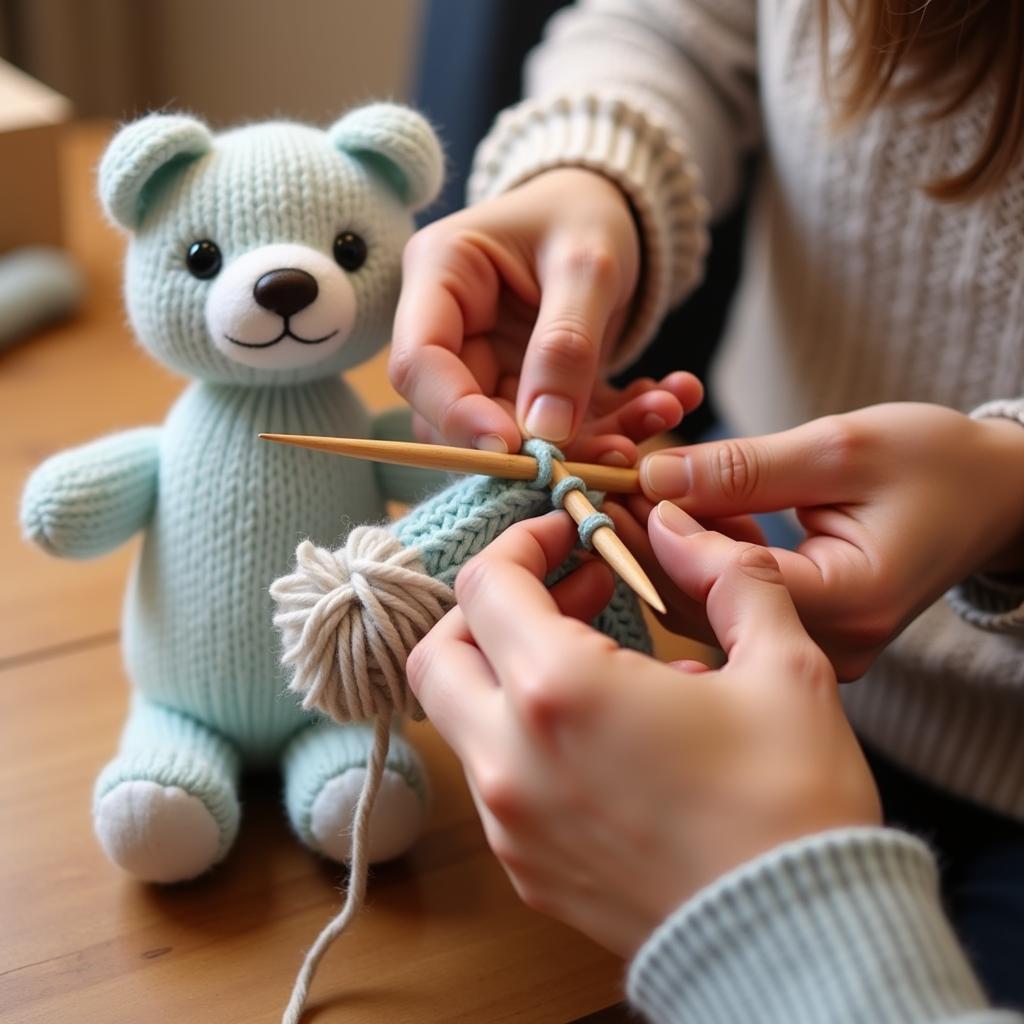 Knitting a Stuffed Animal in Progress: Hands Working on a Project