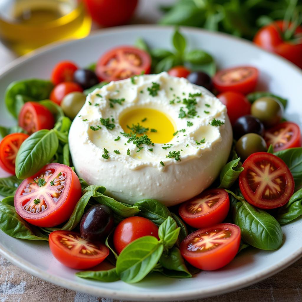 Lactose-free burrata salad with fresh ingredients