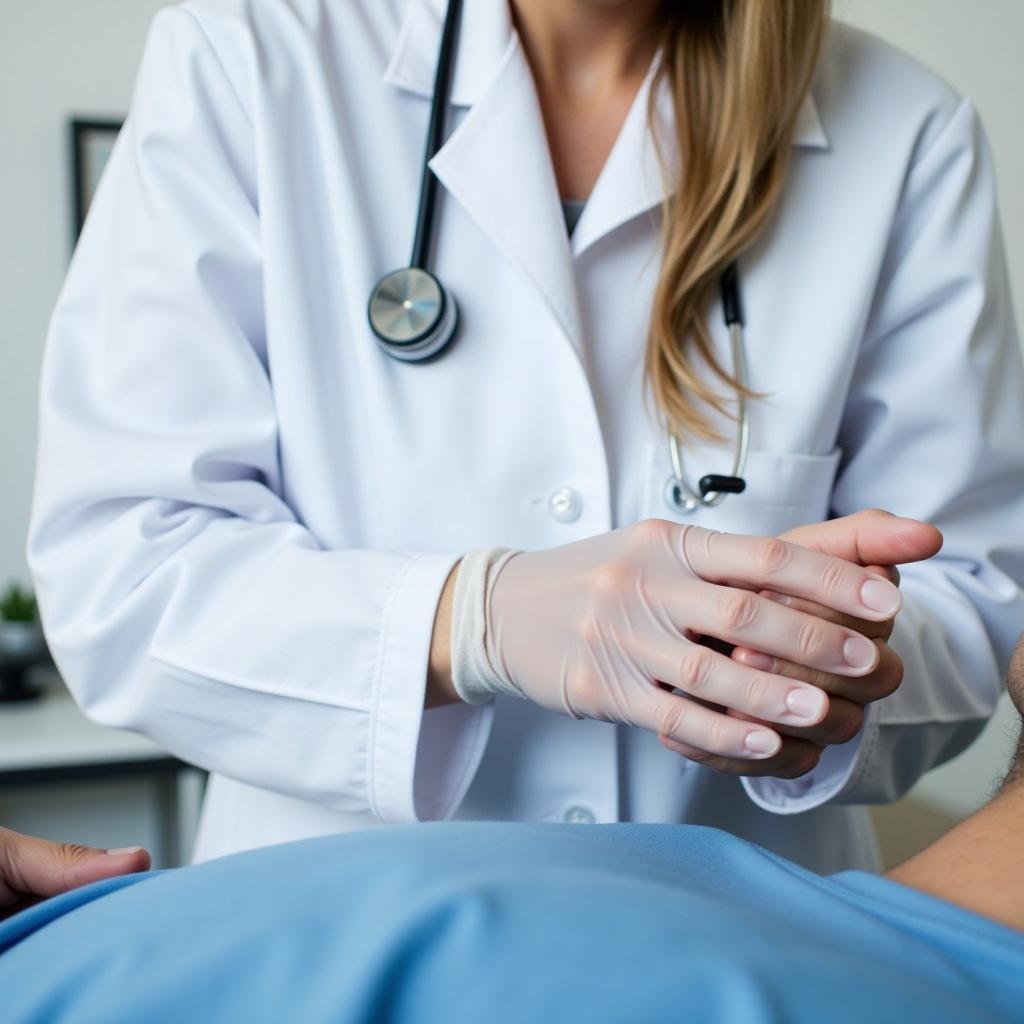 Latex powder-free exam gloves being used by a healthcare professional.