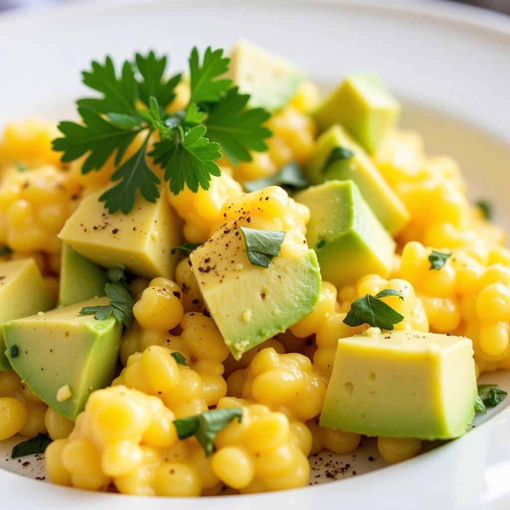 Scrambled Eggs with Avocado and Herbs on a Plate