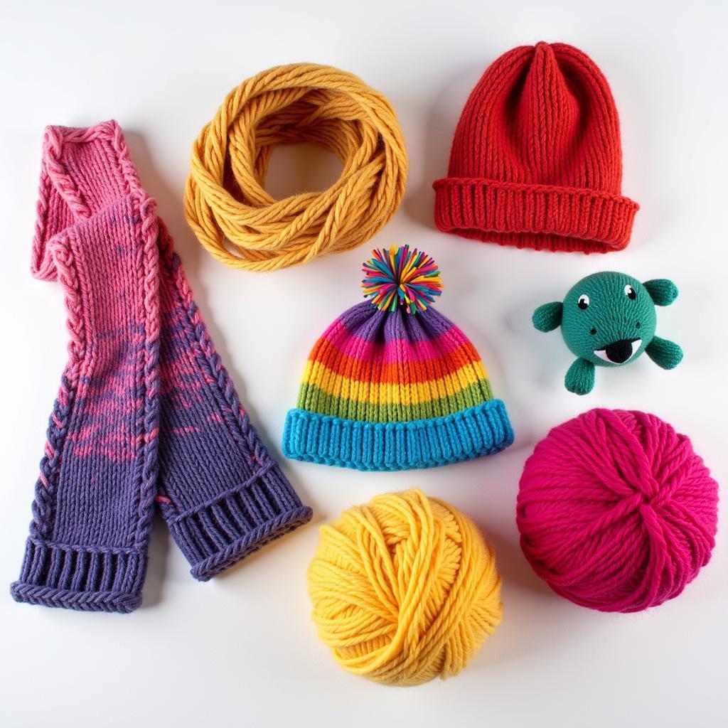 Leftover Yarn Knitting Projects: Various colorful knitted items made from leftover yarn