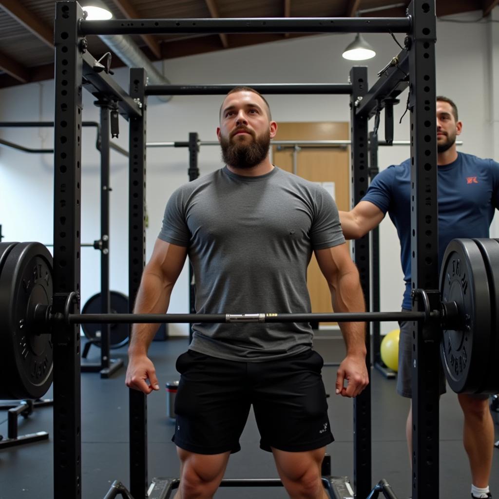 Man lifting weights with a spotter using a rack