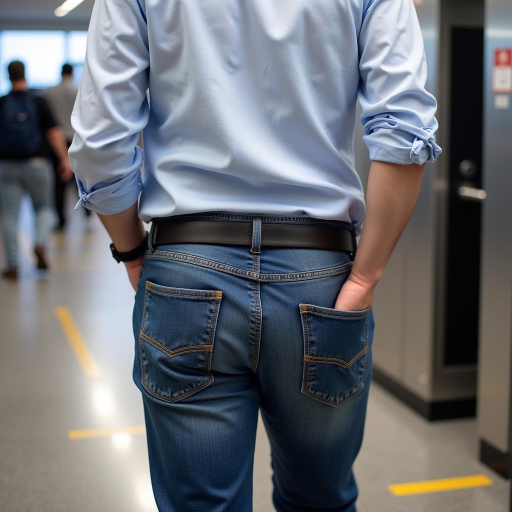 Traveler going through airport security with a metal free belt