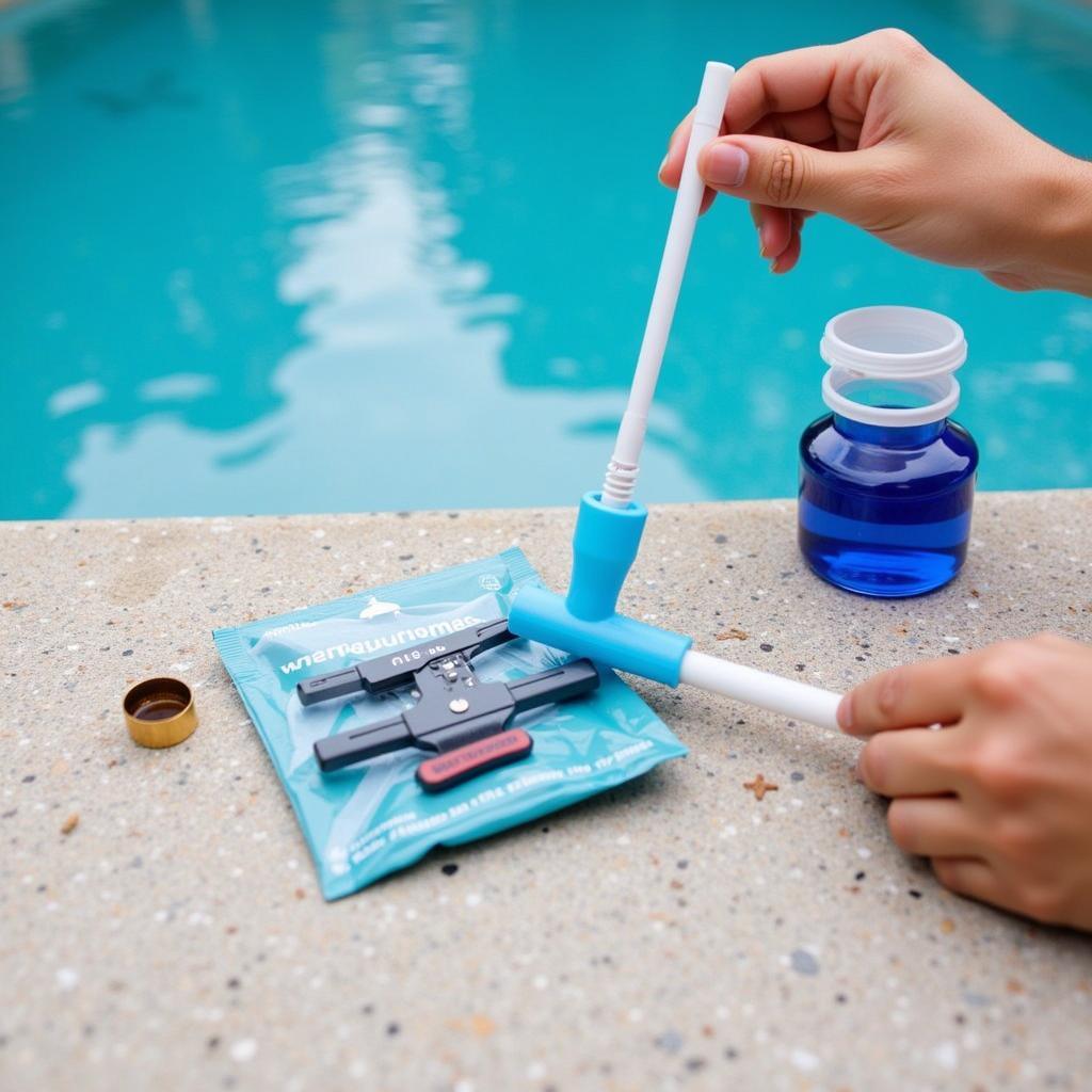 A metal testing kit being used to analyze pool water for metal content