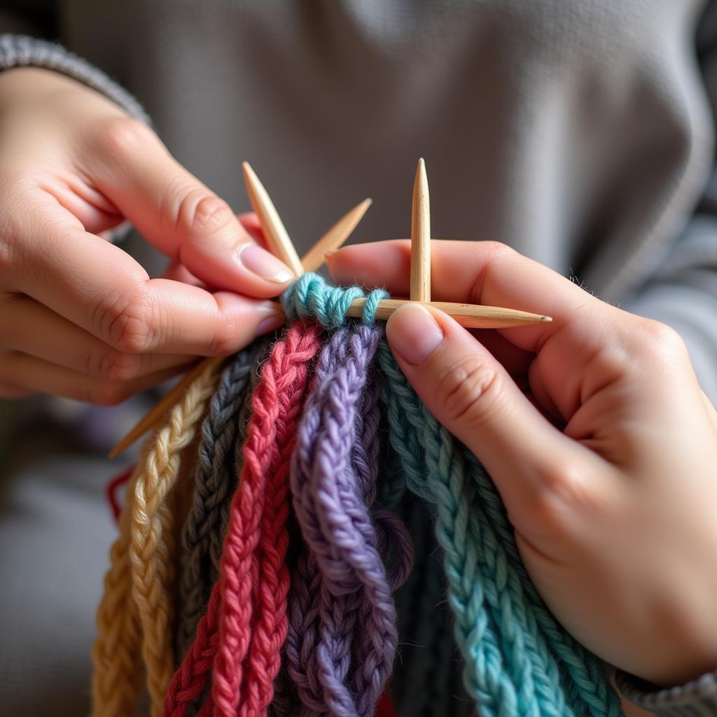 Mixing Leftover Yarn Colors in Knitting: A knitter's hands holding different colored yarns, demonstrating how to combine them.