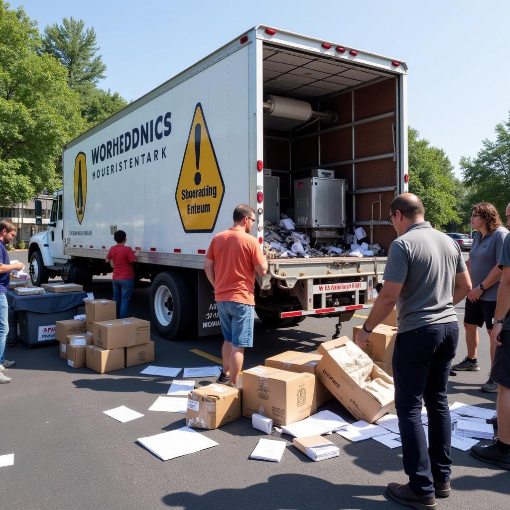 A mobile shredding truck at a free paper shredding event.