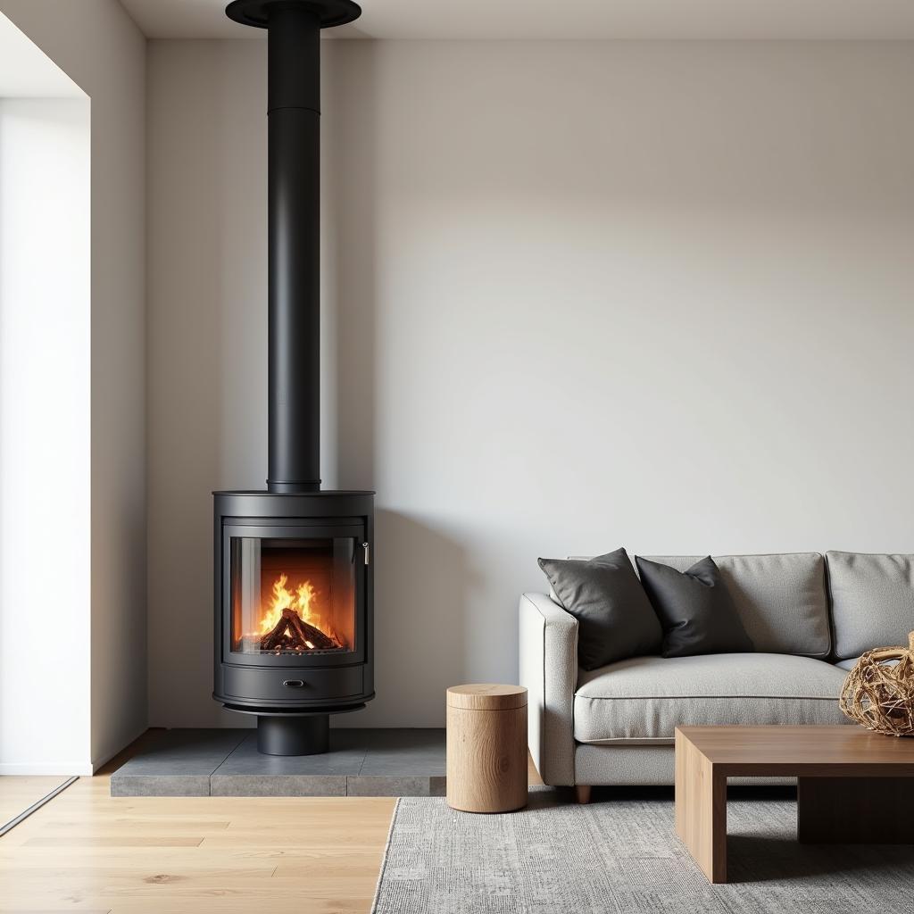 A modern free-standing wood burning fireplace in a minimalist living room, demonstrating its versatility in different interior design styles.