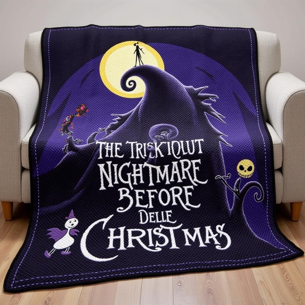 A completed Nightmare Before Christmas crochet blanket displayed on a couch