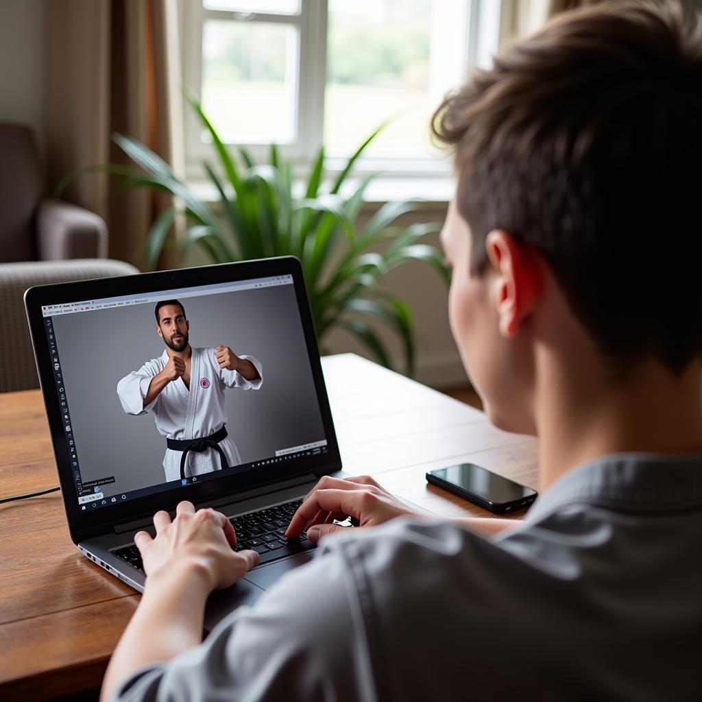 Person participating in an online karate class using a laptop