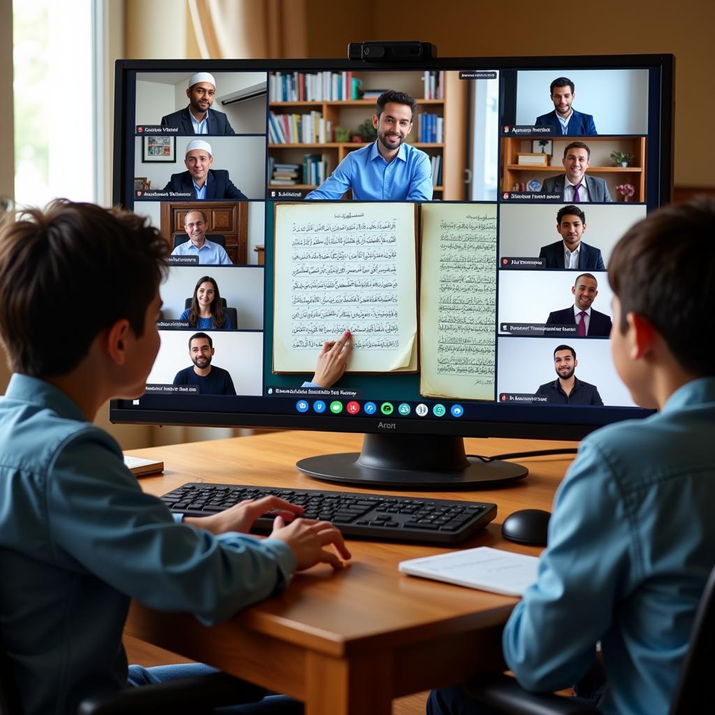 Students interacting in a virtual classroom for online Quran studies