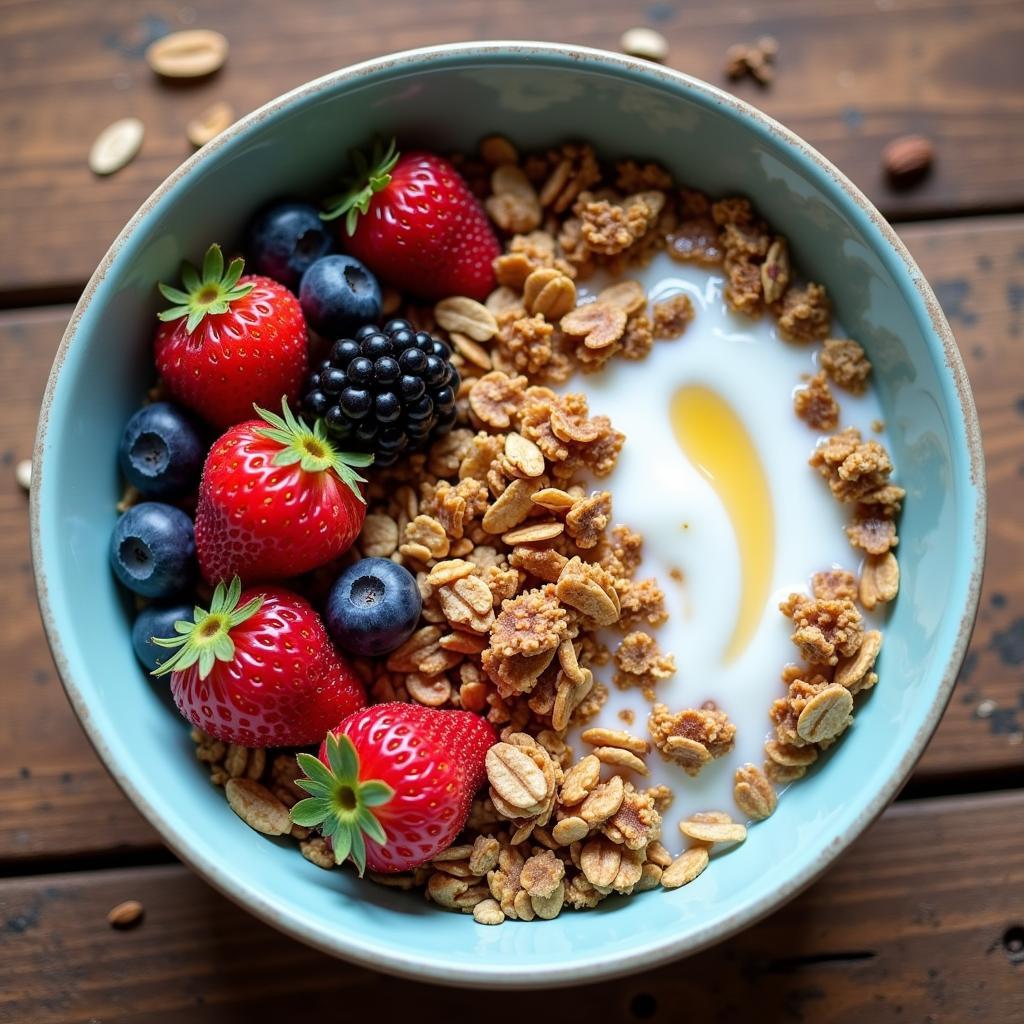 A bowl of organic gluten-free granola topped with fresh berries and almond milk.