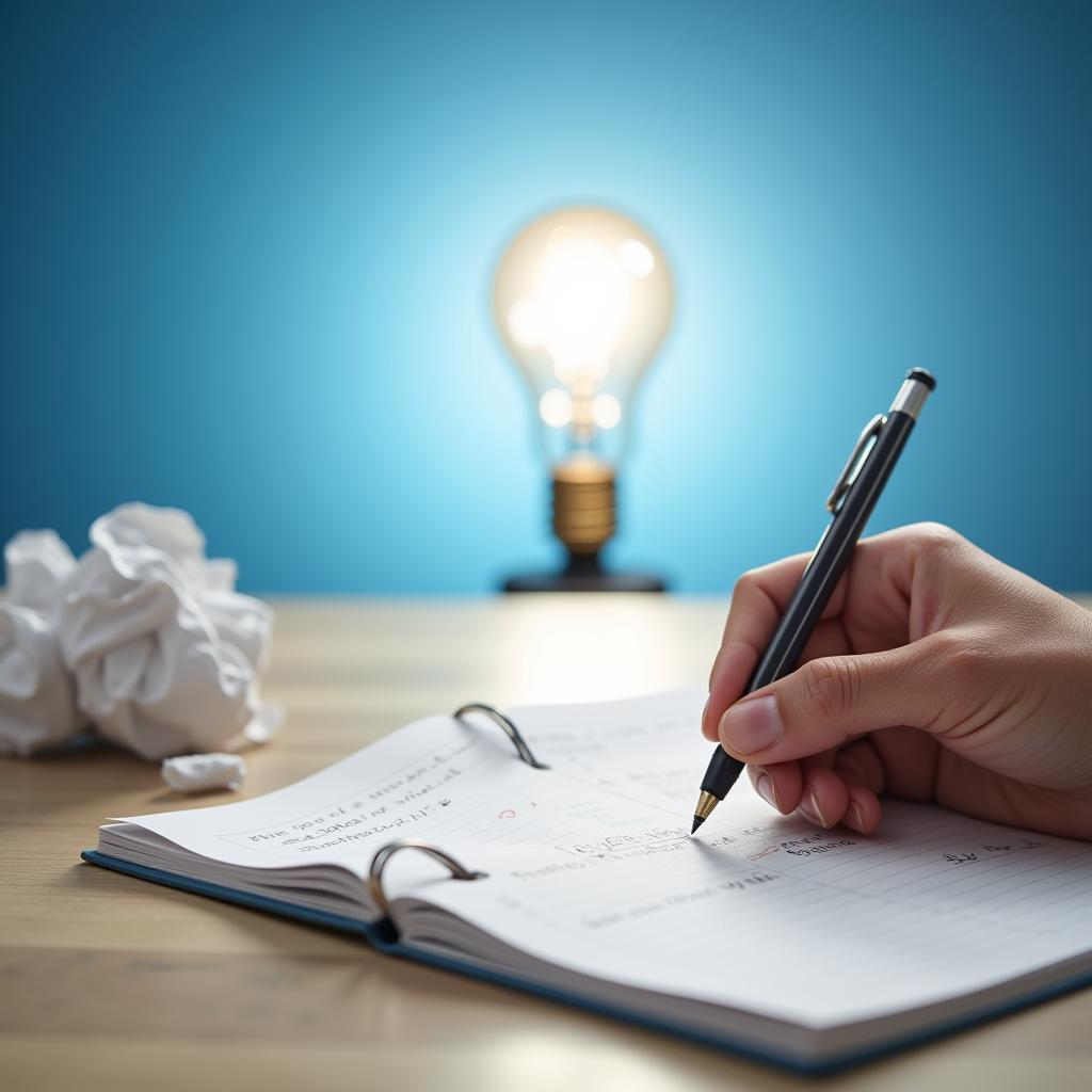 A person writing in a notebook, with crumpled paper representing writer's block on the side, and a clear sky with a lightbulb symbolizing a breakthrough.