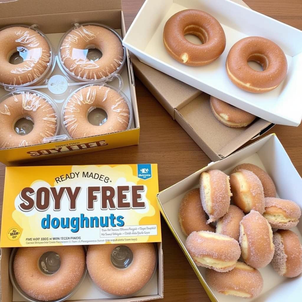 Several boxes of packaged soy-free doughnuts ready for sale or consumption.